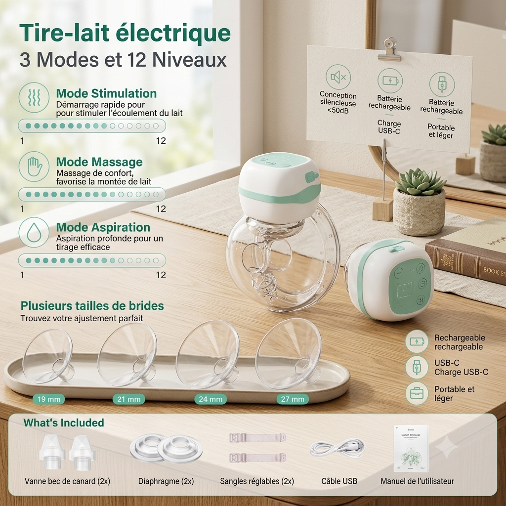 Tire-lait électrique portable — 3 modes, 12 niveaux, embout confort